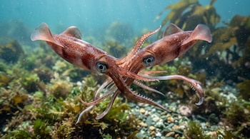 Dos calamares de color rojizo y piel moteada extienden sus tentáculos sobre un fondo marino de algas y piedras.