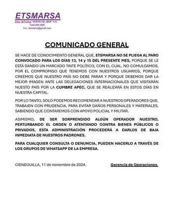 Comunicado de ETSMARSA.
