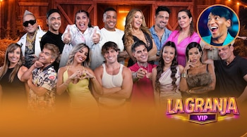 Grupo de doce personas posando para un reality show, con el logo "La Granja VIP". Arriba a la derecha, la cara de Toñizonte en un círculo.