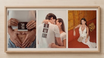 Tres fotografías en un marco de madera: una mujer con ecografía sobre el vientre, una pareja abrazándose, y una mujer sentada en un sofá.