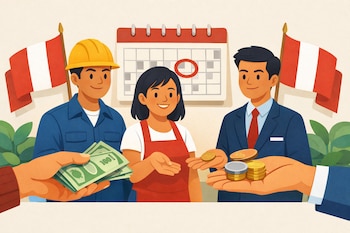 Ilustración de tres trabajadores peruanos (constructor, cocinera, oficinista) recibiendo billetes y monedas con banderas de Perú y un calendario con feriado.