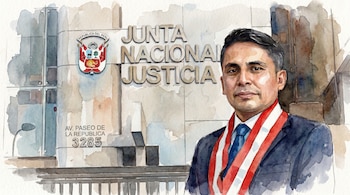 Ilustración en acuarela de Rafael Luis Hidalgo, un hombre con traje azul y banda bicolor roja y blanca, frente al edificio de la JNJ con su logo.