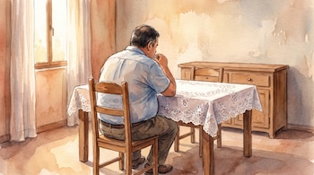 Hombre de mediana edad sentado de espaldas en una silla de madera frente a una mesa con mantel de encaje, con un aparador y una ventana detrás.