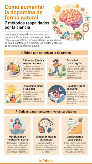 Infografía sobre cómo aumentar la dopamina con 7 métodos. Muestra un cerebro, comida saludable, zapatillas, sol, mujer corriendo, durmiendo, meditando, auriculares y escaleras.