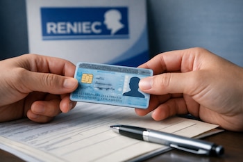 Primer plano de manos sosteniendo un documento nacional de identidad electrónico, con formularios, un bolígrafo y el logo de RENIEC de fondo.