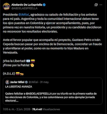 El candidato colombiano, Abelardo de la Espriella solicitó vigilancia internacional y el acompañamiento de países como Argentina para asegurar la transparencia electoral - crédito @ABDELAESPRIELLA/X