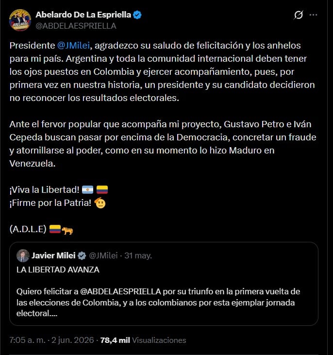 El candidato colombiano, Abelardo de la Espriella solicitó vigilancia internacional y el acompañamiento de países como Argentina para asegurar la transparencia electoral - crédito @ABDELAESPRIELLA/X