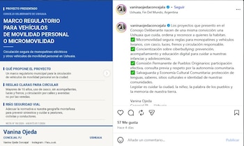 Captura de pantalla de una publicación en redes sociales con un gráfico sobre la regulación de la micromovilidad en Ushuaia