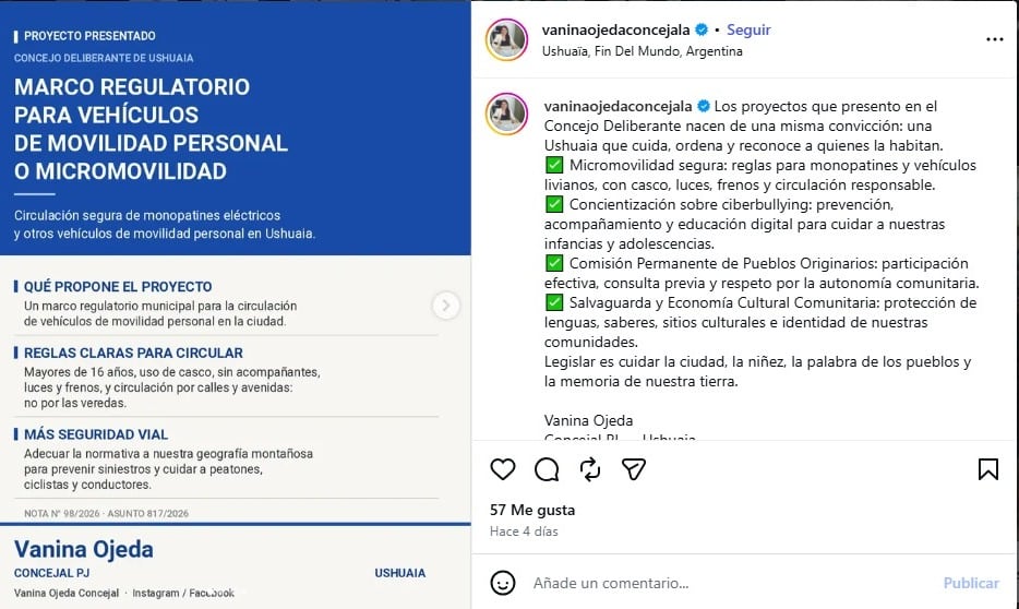 Las pautas del proyecto presentado por Ojeda para regular la circulación de vehículos de movilidad personal o micromovilidad en Ushuaia (@vaninaojedaconcejala)