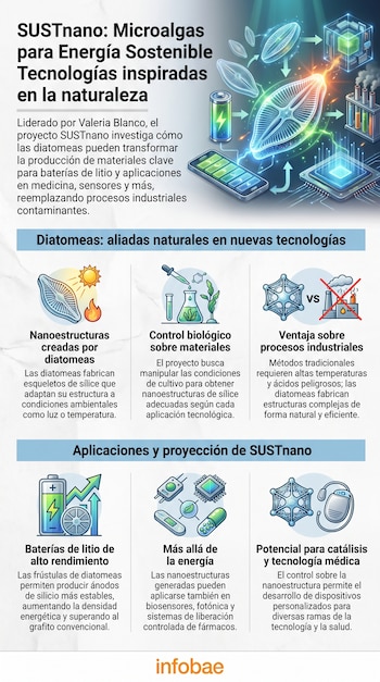 Infografía del proyecto SUSTnano. Muestra ilustraciones de diatomeas, batería, smartphone, microchip, tubos de ensayo, diagramas de estructuras y aplicaciones.