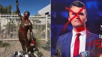Vandalizan la estatua de Charlie Kirk a tres días de su inauguración en Phoenix: rocían pintura roja, tachan a Jesús y escriben "Satán"