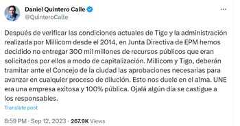 Daniel Quintero anuncia que no