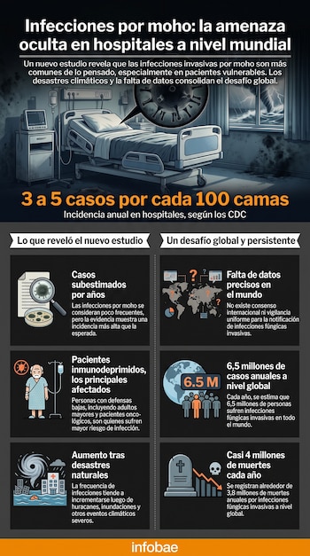 Infografía de una habitación de hospital con moho, equipos médicos y una tormenta. Incluye datos sobre infecciones fúngicas, muertes y pacientes.