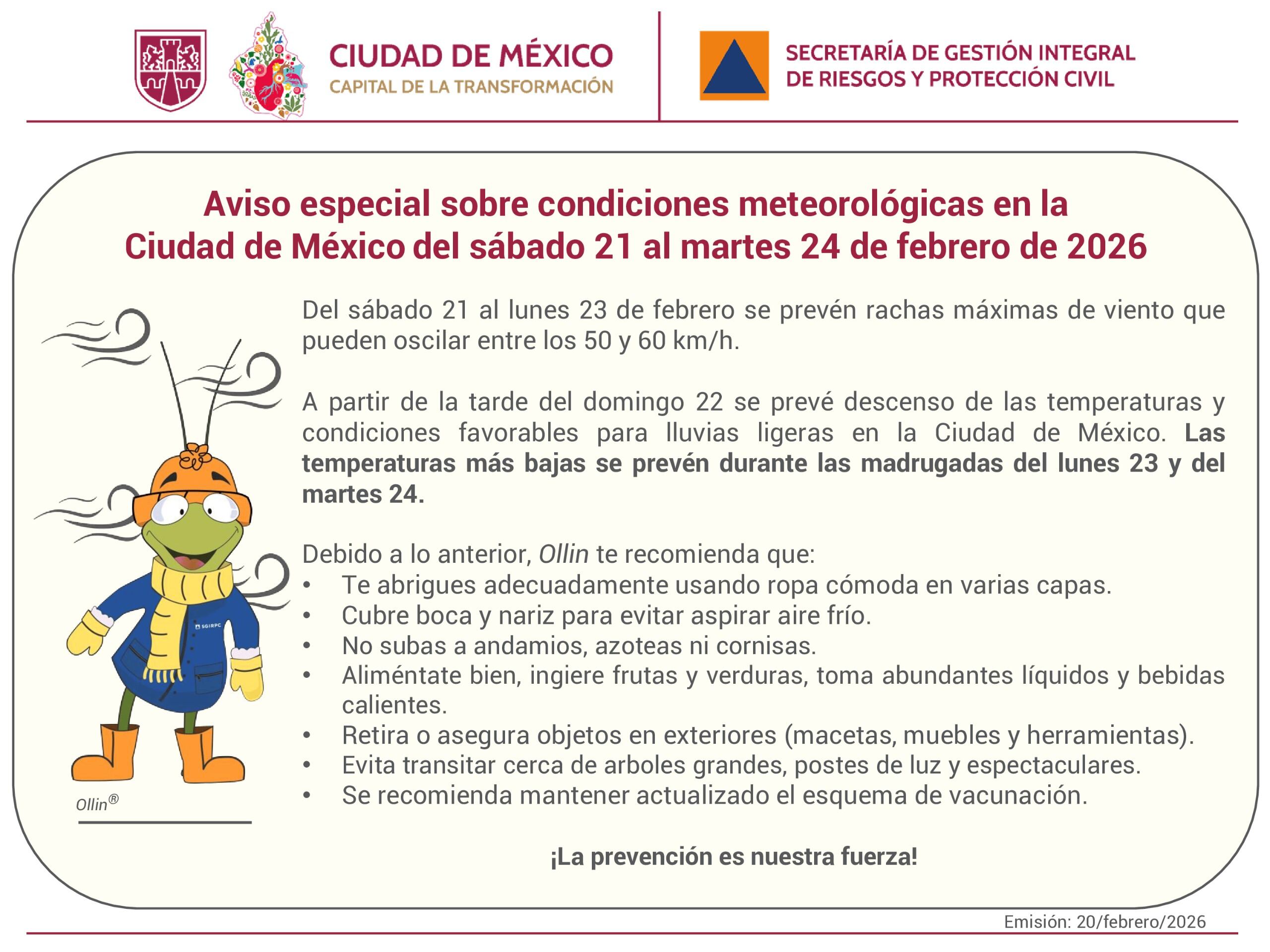 Aviso especial de la Secretaría de Gestión Integral de Riesgos y Protección Civil de la CDMX por el descenso de temperaturas por cuatro días. Foto: X/@SGIRPC_CDMX.