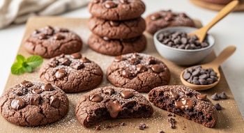 Galletas veganas de chocolate espolvoreadas con azúcar glas sobre una tabla de madera, una partida revela chocolate derretido, junto a chips de chocolate.