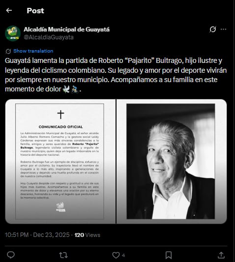 La alcaldía de Guayatá (Boyacá), de dónde era oriundo Buitrago, le envió un mensaje de condolencia - crédito @AlcaldiaGuayata / X