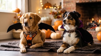 Dos perros descansan sobre una manta con alas de murciélago y capa de vampiro frente a una chimenea y varias calabazas.