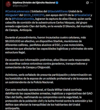 La Séptima División del Ejército ejecutó la detención como parte de las acciones del Plan de Campaña Ayacucho Plus en Antioquia - crédito @Ejercito_Div7 / X