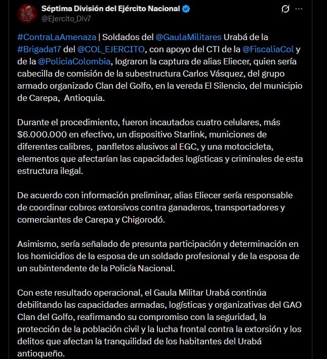 La Séptima División del Ejército ejecutó la detención como parte de las acciones del Plan de Campaña Ayacucho Plus en Antioquia - crédito @Ejercito_Div7 / X