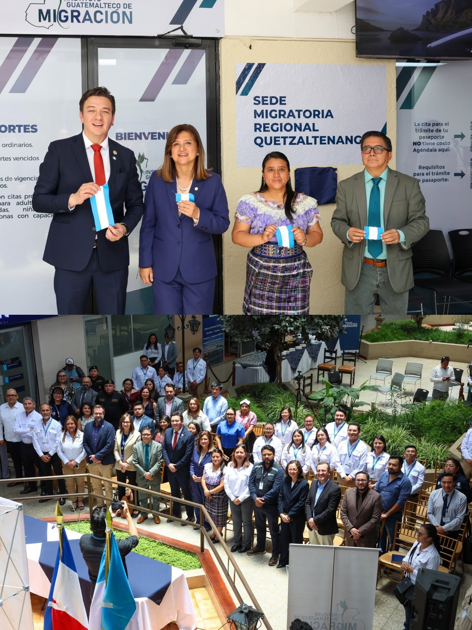 Autoridades del Instituto Guatemalteco de Migración participan en la apertura de la Sede Migratoria Regional de Quetzaltenango junto al personal de la institución. (Migración Guate)