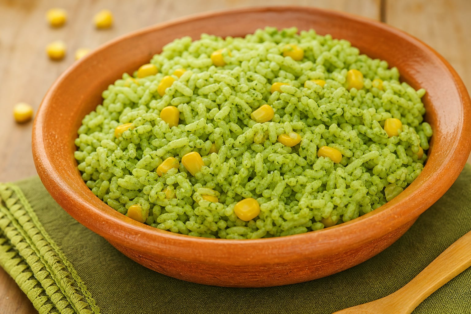 Un plato de arroz verde servido con granos de elote reposa en un recipiente de barro sobre una mesa de madera. (Imagen Ilustrativa Infobae)