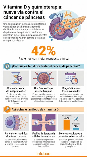 Infografía médica sobre el cáncer de páncreas. Incluye ilustraciones del órgano, diagramas de células cancerosas, la acción de paricalcitol y un gráfico de barras de resultados.