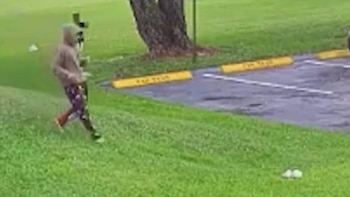 Imagen de baja calidad de una persona con sudadera y pantalones oscuros caminando sobre un césped verde. Al fondo se ve un árbol y un estacionamiento con topes amarillos