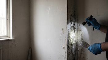 Una mano con guante azul ilumina una esquina de pared blanca con moho negro, pintura descascarada y salitre. La otra mano sostiene una espátula.