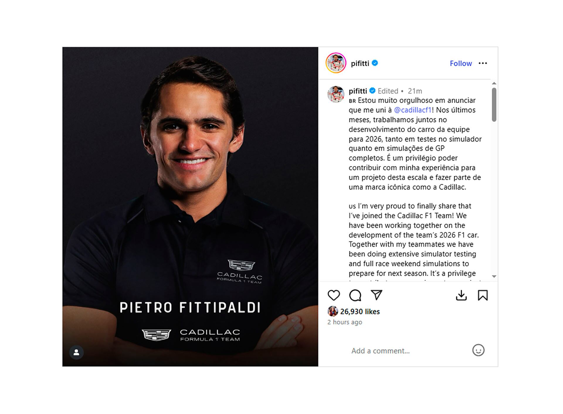 El brasileño Pietro Fittipaldi será uno de los tres pilotos de simulador de Cadillac