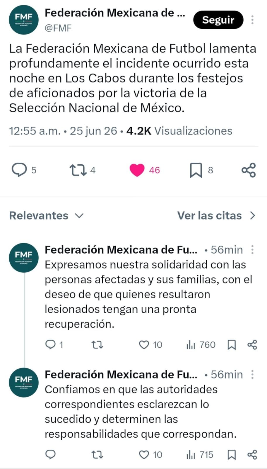 La Federación Mexicana de Futbol publica una serie de tuits sobre el incidente ocurrido en Los Cabos durante los festejos por la victoria de la Selección Nacional de México. (X: FMF)
