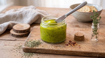 Frasco de vidrio con salsa verde y un cuchillo, sobre tabla de madera con hierbas secas, chile en hojuelas, tomillo y galletas.