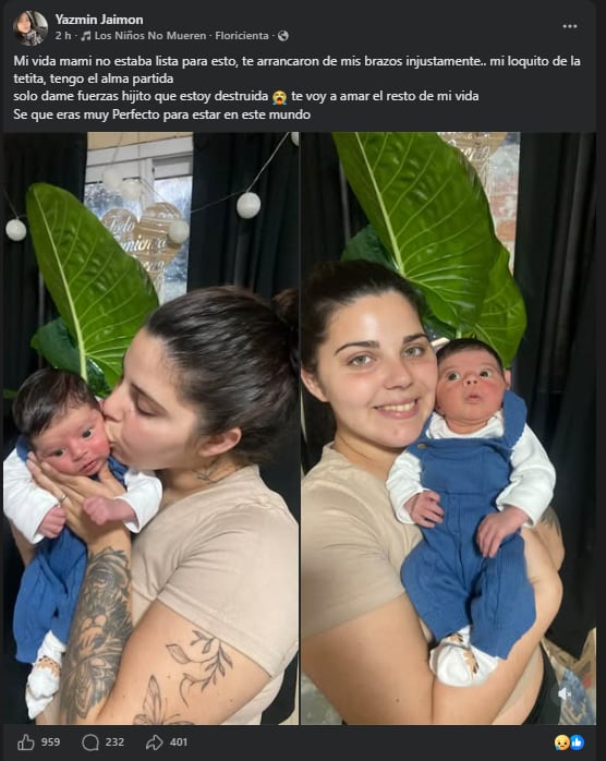 Yasmín Jaimon, la madre de Tadeo, expresó su dolor en Facebook tras la pérdida de su hijo