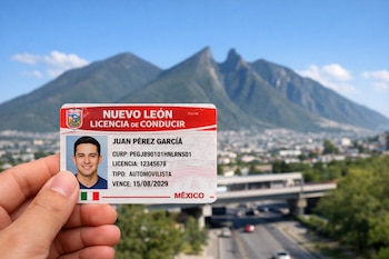 Una mano sostiene una licencia de conducir roja de Nuevo León con la foto y nombre de Juan Pérez García. Detrás, el Cerro de la Silla y la ciudad de Monterrey.