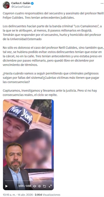 Carlos Fernando Galán denunció liberación previa de uno de los implicados en el crimen de Neill Cubides - crédito @CarlosFGalan/X