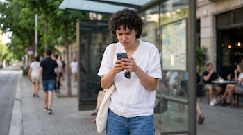 Una persona de cabello rizado con camiseta blanca sostiene un teléfono móvil frente a una marquesina de autobús en la calle.