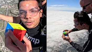 Resolvió dos cubos de Rubik durante un salto en paracaídas y logró un récord mundial