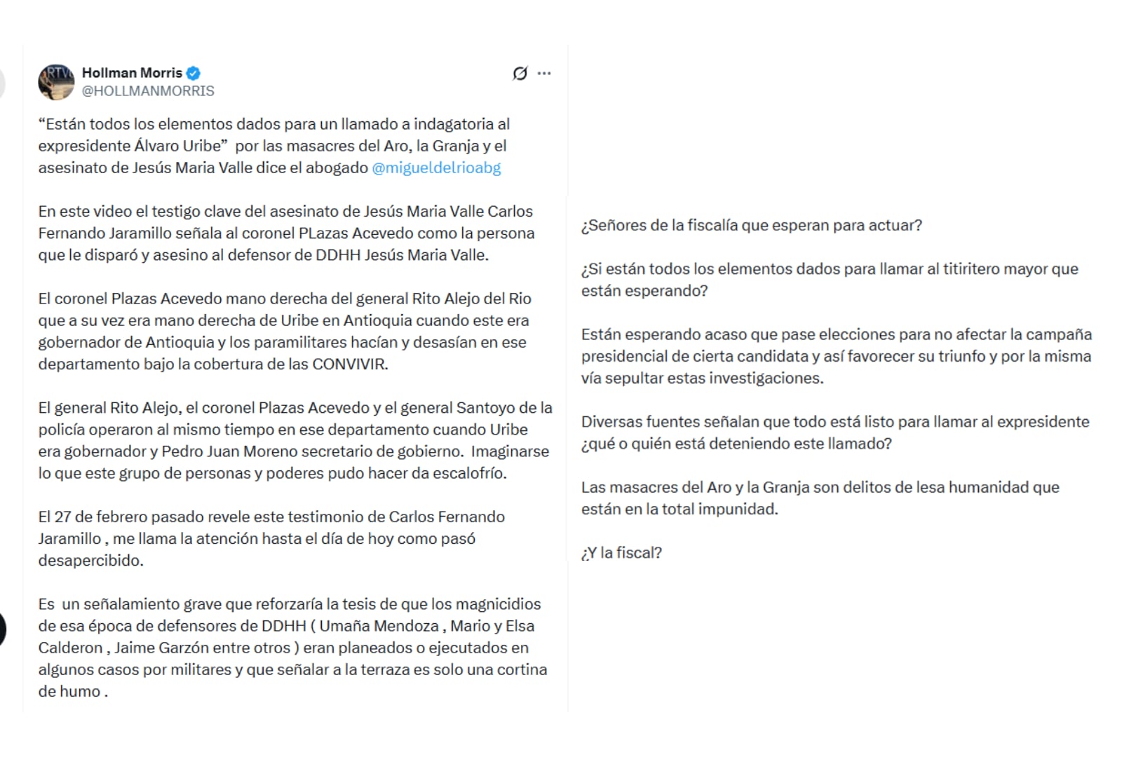 Hollman Morris reveló testimonio de testigo clave del asesinato de Jesús María Valle - crédito @HOLLMANMORRIS/X