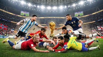 Estadio de fútbol con el trofeo de la Copa del Mundo. Futbolistas Messi, Mbappé, Ronaldo, Haaland y Vinicius Jr. extienden sus manos.