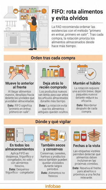 Infografía ilustrada sobre el método FIFO para alimentos, con instrucciones paso a paso, dibujos de despensas y texto explicativo.