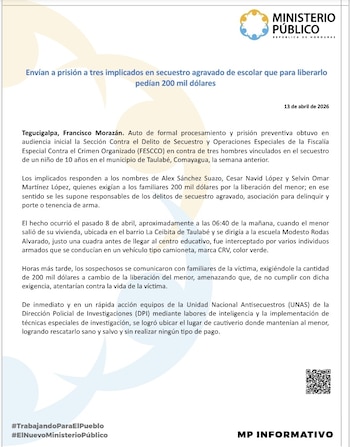 Las tres mujeres sentenciadas por secuestro de un enfermero en San Pedro Sula están vinculadas a la pandilla 18 según investigaciones oficiales. (Comunicado: Ministerio Público)