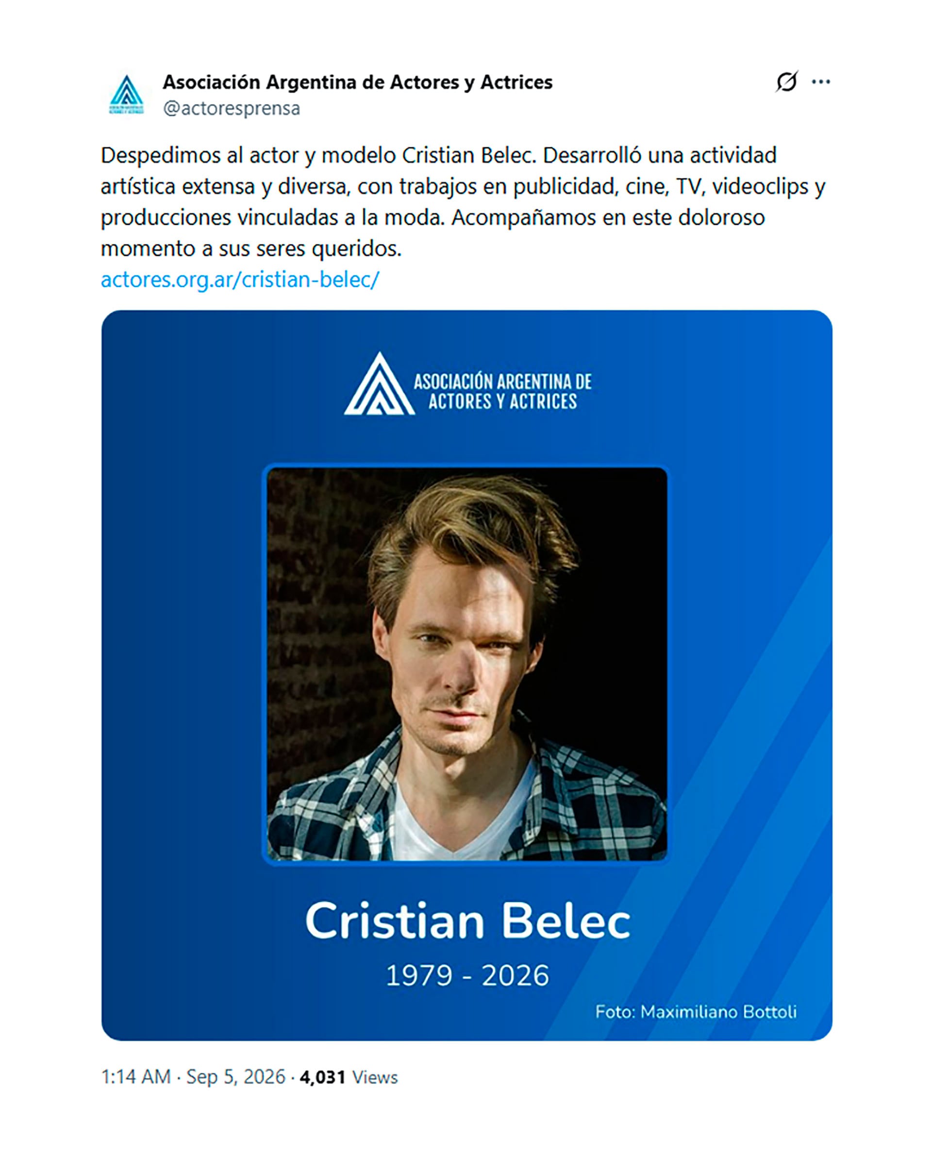 La Asociación Argentina de Actores y Actrices despide al actor y modelo Cristian Belec a través de una publicación conmemorativa en redes sociales.