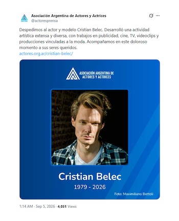 Publicación en redes sociales con un retrato del actor Cristian Belec sobre fondo azul y el logotipo de la Asociación Argentina de Actores
