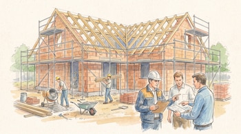 Dibujo de una casa unifamiliar en construcción con andamios, varios obreros, un capataz con un portapapeles y dos hombres revisando planos.