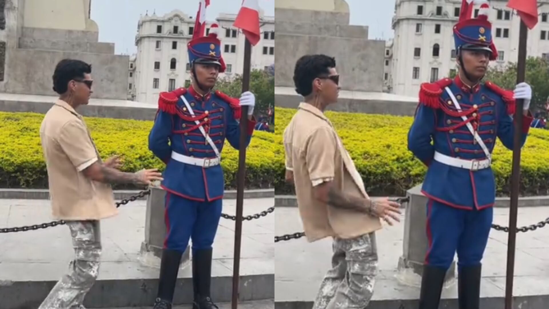 Indignación en redes por tiktoker que acosa a un soldado en la Plaza San Martín. (Foto composición: Infobae Perú/Video captura: TikTok/@sasaapito)