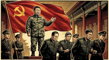Ilustración muestra a Xi Jinping en uniforme de camuflaje con el brazo extendido, frente a la bandera del Partido Comunista Chino. Generales son escoltados con cabezas bajas.