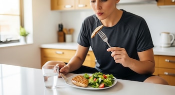 Primer plano de una persona en ropa deportiva comiendo una porción de proteína de su plato con ensalada en una cocina de hogar iluminada por luz natural.