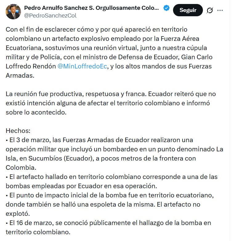 Pedro Sánchez resaltó los acuerdos logrados con el gobierno ecuatoriano - crédito @PedroSanchezCol/X