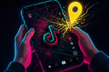 Dos manos sostienen un teléfono móvil con el logotipo de TikTok en pantalla, envuelto en hilos oscuros junto a un símbolo de ubicación amarillo.