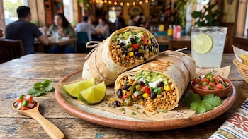 Dos burritos vegetarianos cortados por la mitad en un plato de cerámica, mostrando arroz, frijoles negros, maíz y pimientos. Hay limas, pico de gallo y una bebida