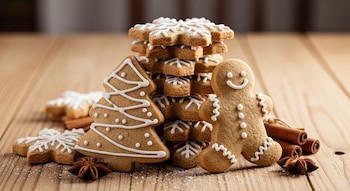 Primer plano de galletas navideñas especiadas con glaseado blanco en formas de árbol, hombre de jengibre y copos de nieve, apiladas sobre una mesa de madera clara con canela y anís.